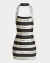 Balmain Striped Halterneck Jacquard Minidress In Blk Beige