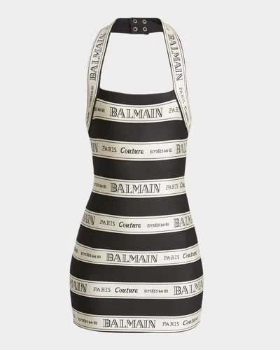 BALMAIN STRIPED LOGO HALTER MINI DRESS