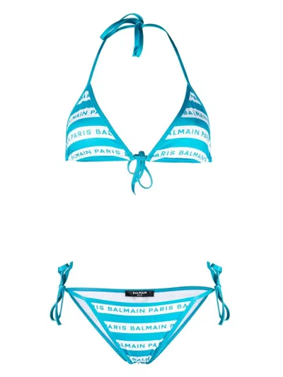 Balmain Logo Printed Bikini Set In Turquoise,white