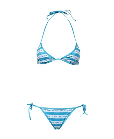 Balmain Striped Logo-print Halterneck Bikini In Blue