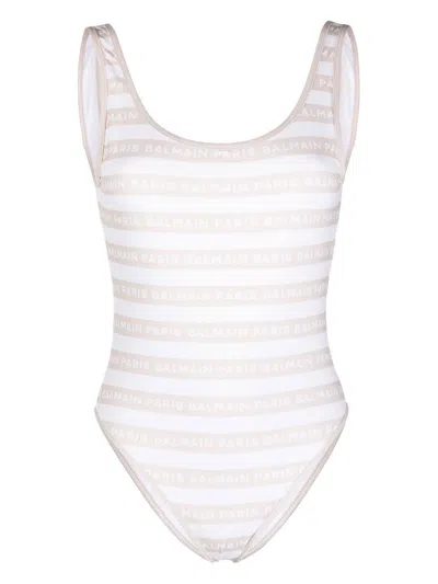 Balmain Striped Logo-print Swimsuit In Weiss