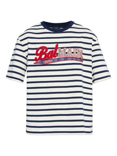 BALMAIN LOGO-PRINT STRIPED T-SHIRT