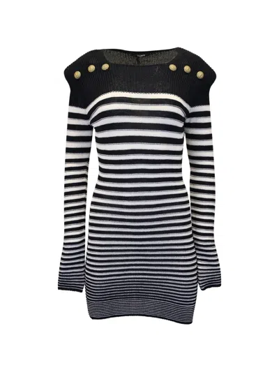 Pre-owned Balmain Striped Long-sleeve Dress In Blue