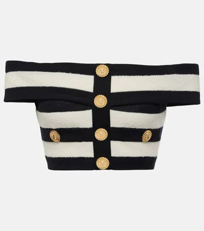 Balmain Striped Cotton Blend Off-shoulder Top In Noir Blanc