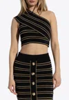 Balmain Striped One-shoulder Cropped Top With Lurex Thread In Black