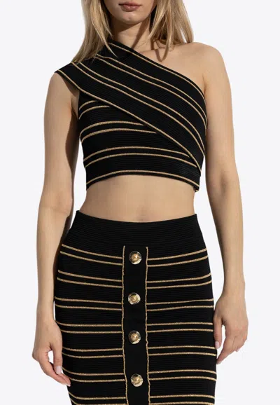 BALMAIN STRIPED ONE-SHOULDER CROPPED TOP WITH LUREX THREAD