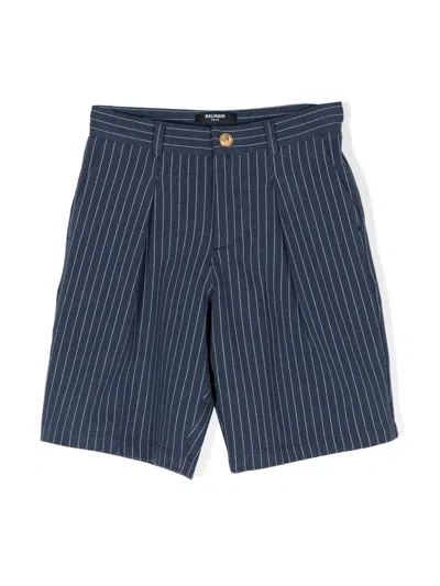 Balmain Kids' Striped Pleated Tailored Shorts In Blue