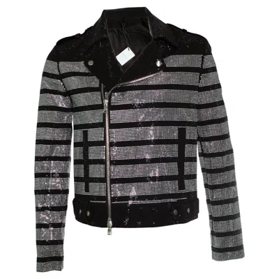 Pre-owned Balmain , Striped Rhinestone Biker Jacket In Black