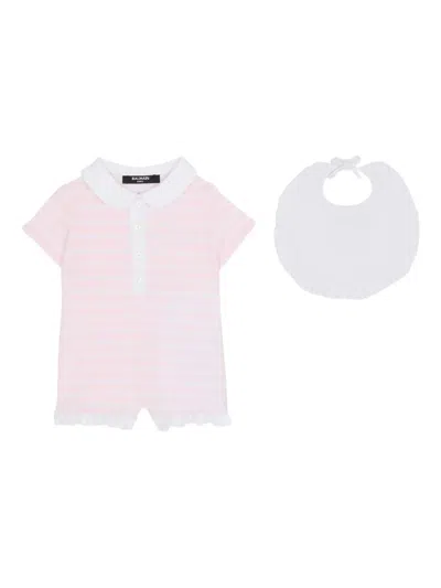 Balmain Striped Ruffled Babygrow (set Of Two) In Pink