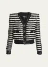 Balmain Striped Sequined Crop Jacket With Button Details In Blk White