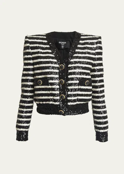 BALMAIN STRIPED SEQUINED CROP JACKET WITH BUTTON DETAILS