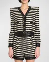 Balmain Striped Sequined Crop Jacket With Button Details In Blk White