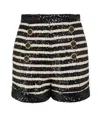 Balmain Black And White Striped Shorts With Jewel Buttons In All-over Sequins Fabric Woman