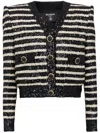 Balmain Striped Sequined Crop Jacket With Button Details In Black