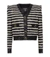 Balmain Striped Sequined Crop Jacket With Button Details In Black