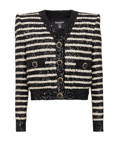 BALMAIN BALMAIN STRIPED SEQUINNED CROPPED JACKET