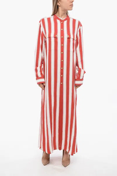 Balmain Striped Shirt Dress With Jewel Buttons In Red