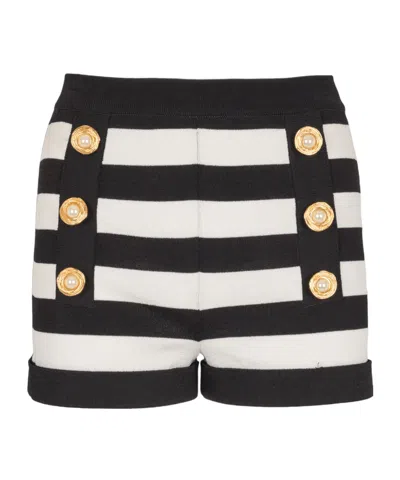 Balmain Faux Pearl-embellished Striped Knitted Shorts In Black