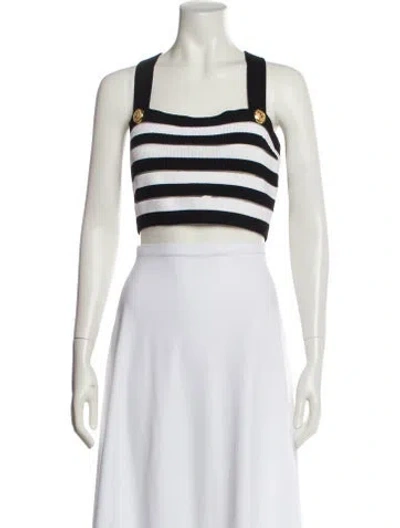Pre-owned Balmain Striped Square Neckline Crop Top In White