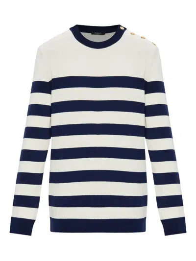 Balmain Striped Crew Neck Long Sleeve Sweater In White
