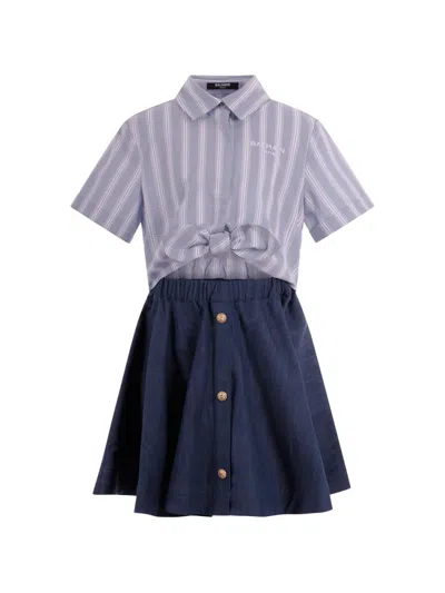Balmain Kids' Striped Tie-detail Dress In Blue
