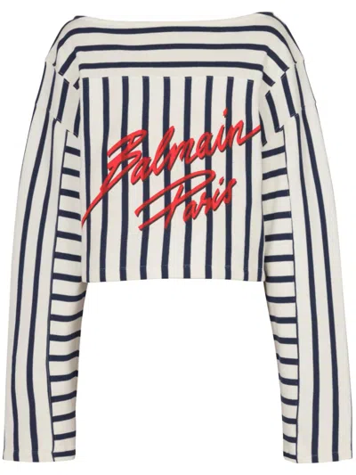 Balmain Flocked Striped Cotton-jersey Top In Cream