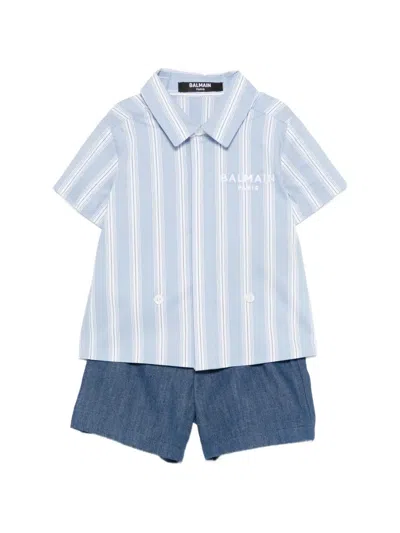Balmain Babies' Striped Trousers Set In Blue