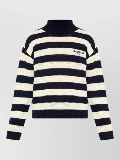 Balmain Striped Turtleneck Sweater Ribbed Cuffs Hem In White