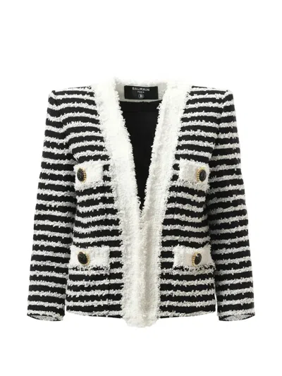 Balmain Striped Tweed Jacket In Black