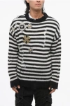 Balmain Striped Vintage Effect Crew-neck Sweater With Decorative Pat In Animal Print