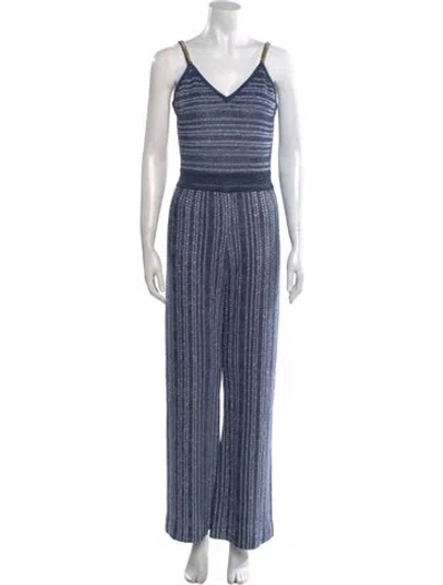 Pre-owned Balmain Striped V-neck Jumpsuit In Blue