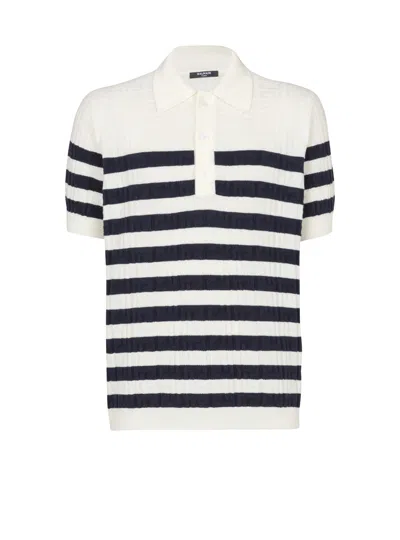 Balmain Striped Knit Polo Shirt With Monogram In Multi