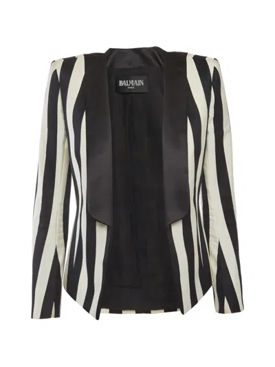 Pre-owned Balmain Stripe-pattern Open-front Blazer In Black