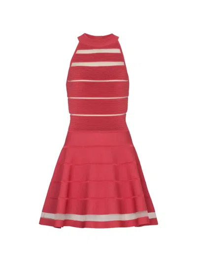Balmain Stripes Knit Flare Dress In Red
