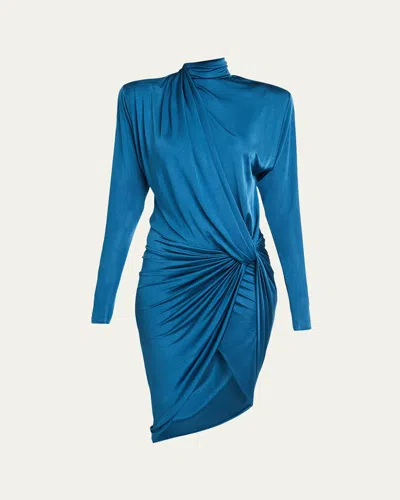 Balmain Strong-shoulder Draped Jersey Long-sleeve Dress In Multi