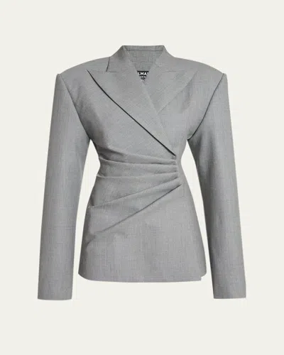 Balmain Strong-shoulder Draped Mini Blazer Dress In Gray