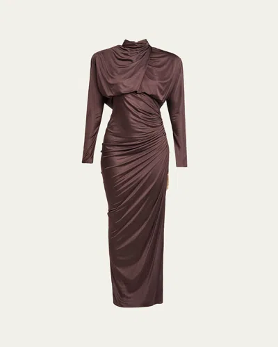 Balmain Strong-shoulder Jersey Ruched Slit Maxi Dress In Burgundy