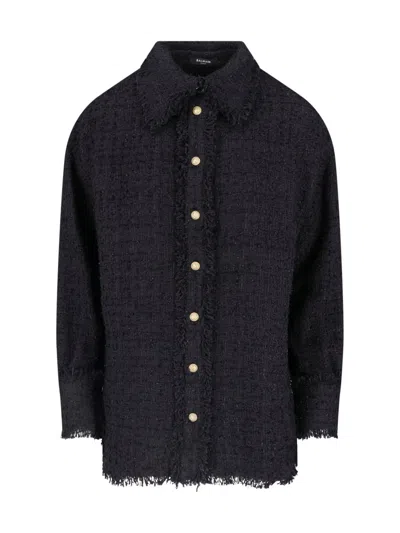 Balmain Structured Cotton-polyamide Button-down Shirt In Black