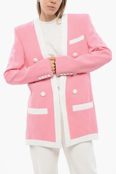Balmain Long Collarless 6-button Crepe Jacket In Pink