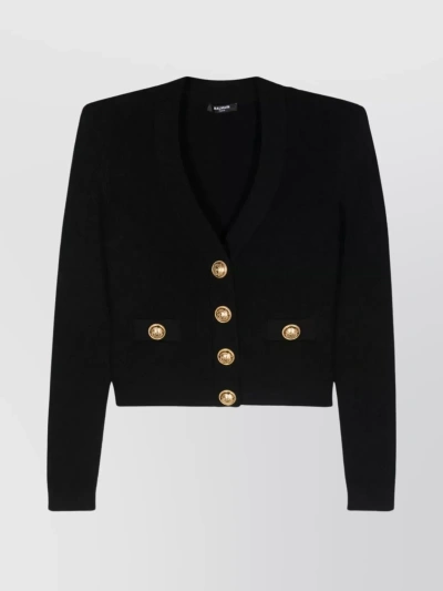 Balmain Structured Cropped Knit Cardigan In Black