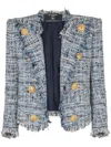 Balmain Spencer Button-embellished Frayed Cotton-blend Tweed Blazer In Blue