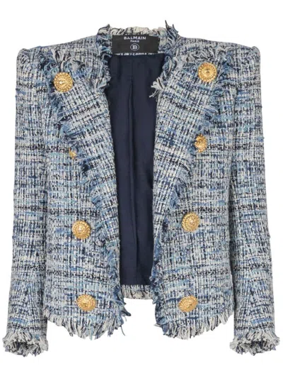 BALMAIN STRUCTURED LIGHT BLUE BLAZER WITH GOLD BUTTONS