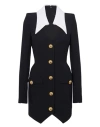 Balmain Long-sleeve Buttoned Grain De Poudre Short Dress In Black