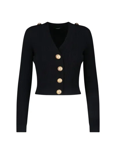 Balmain Structured Shoulder Black V-neck Cardigan With Decorative Buttons