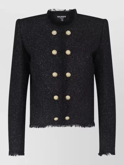 Balmain Structured Shoulder Coat Frayed Edges Buttons In Black