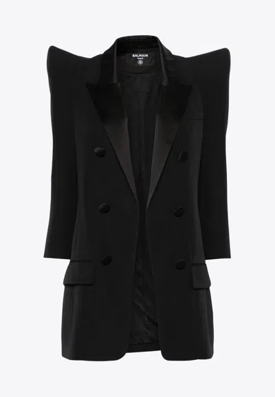 Balmain Structured Shoulders Double-breasted Tuxedo Jacket In Black