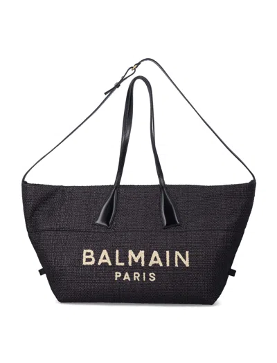 Balmain Structured Track Tote Handbag - Raffia & Leather Trim, Magnetic Closure (29 Cm) In Nero