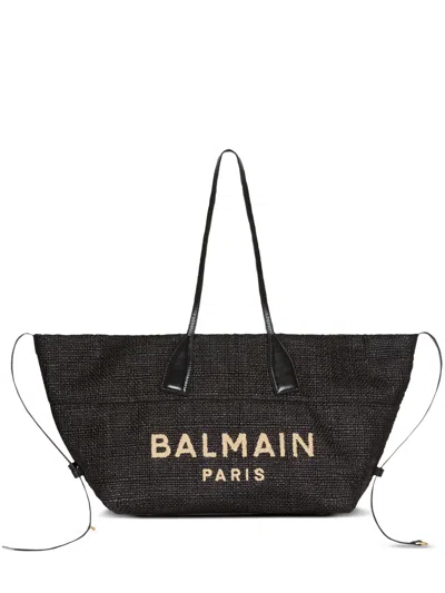 Balmain Structured Track Tote Handbag - Raffia & Leather Trim, Magnetic Closure (29 Cm) In Nero
