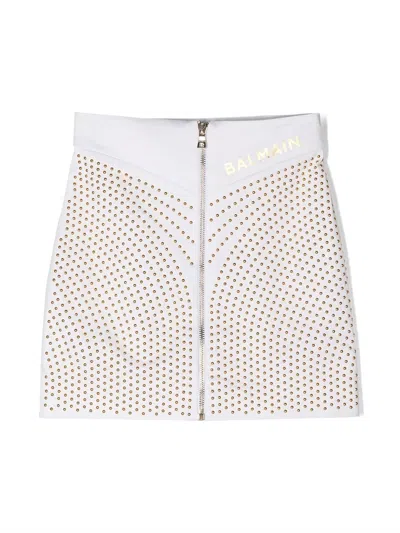 Balmain Kids' Stud-embellished Zip-up Skirt In White
