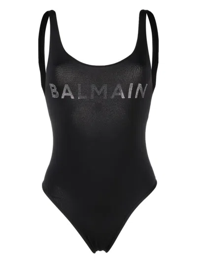 Balmain Stud-logo U-neck Swimsuit In Black